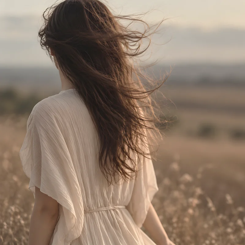 Artwork from As I Live: dark hair caught in the breeze above a cream top.