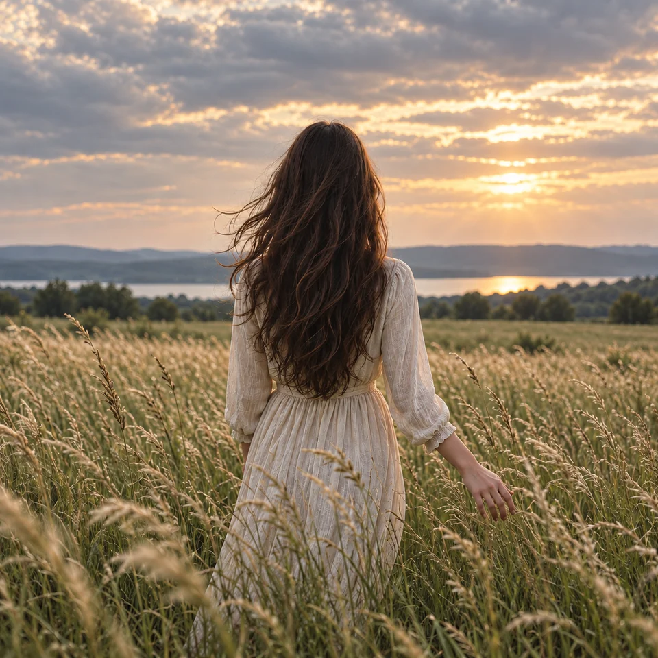 A woman in a cream dress brushes her hand through a meadow at sunset, in the Reflections We Keep artwork.